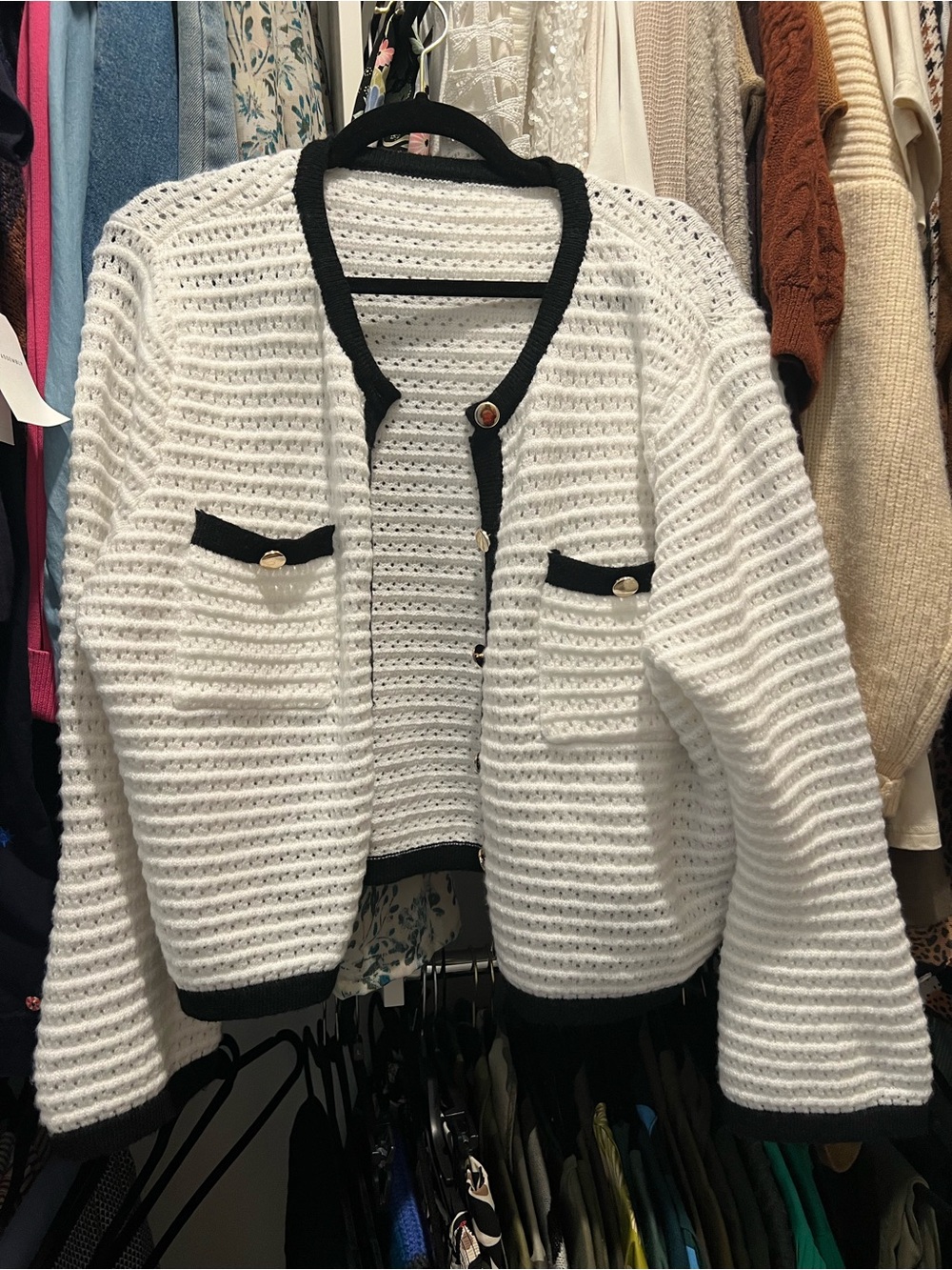 White Crocheted Cardigan with Black Trim